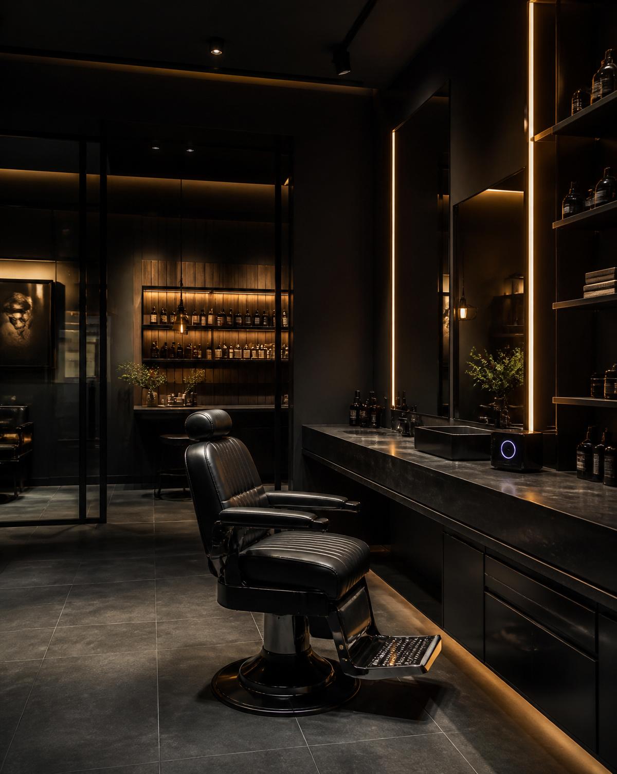 Interior de barbearia contemporânea com tecnologia integrada